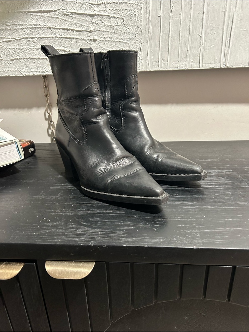 MNG by Mango Black Leather Western Pointed Toe Ankle Boots – Size 38 / US 7.5